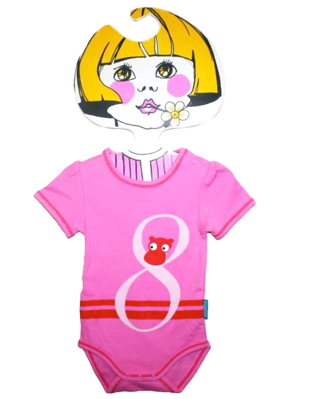 Rosa kurzarm Babybody mit 8 und Nilpferdkopf im oberen Zahlenkreis
