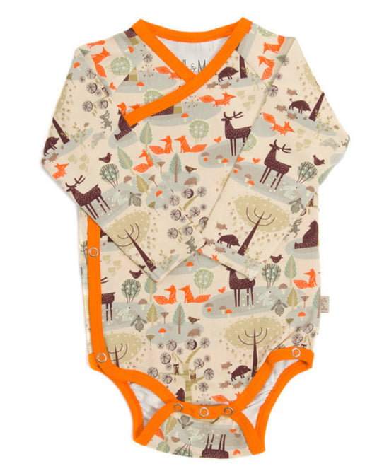 Kimono Babybody in Beige mit Waldmotiven aus Biobaumwolle 