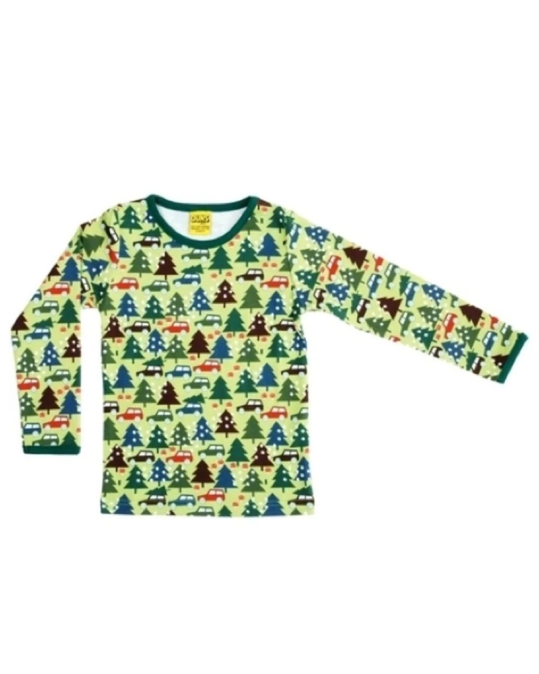 Grünes langarm babyshirt mit tannenbäumen und autos aus biobaumwolle von duns sweden bei juicyfashion