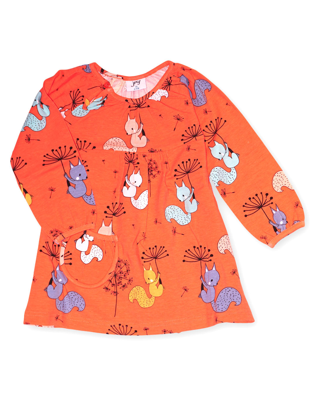 Rotes niedliches Babykleid mit Eichhörnchen Print aus Biobaumwolle mit eingearbeiteten Body