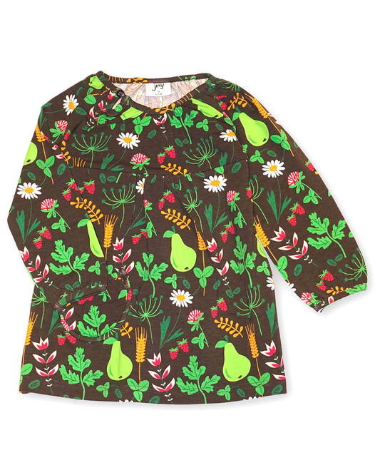 Grünes Babykleid mit Früchten und Blumen  aus Biobaumwolle