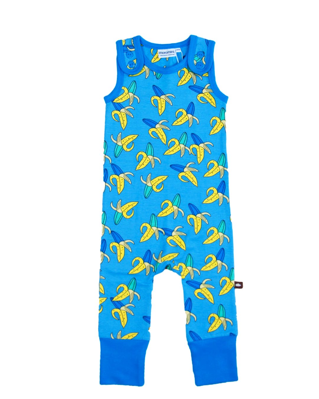 Baby Strampelhose in Hellblau mit gelb-blauem Bananen Print aus Biobaumwolle von moromini