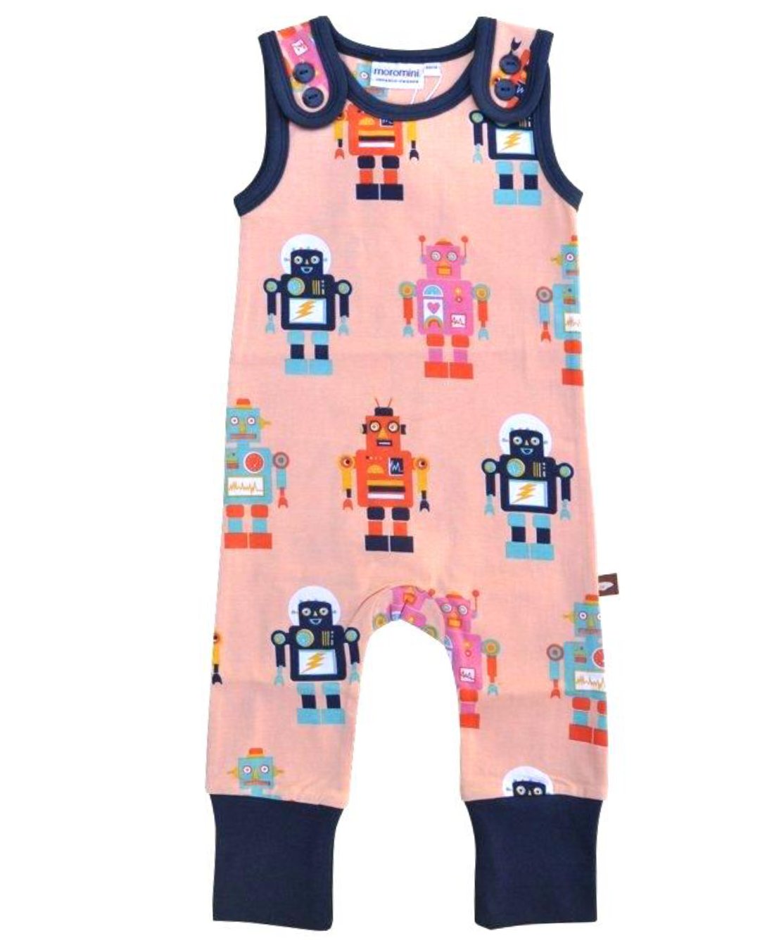 baby latzhose mit roboter in blau, rosa und orange von moromini aus biobaumwolle bei juicyfashion