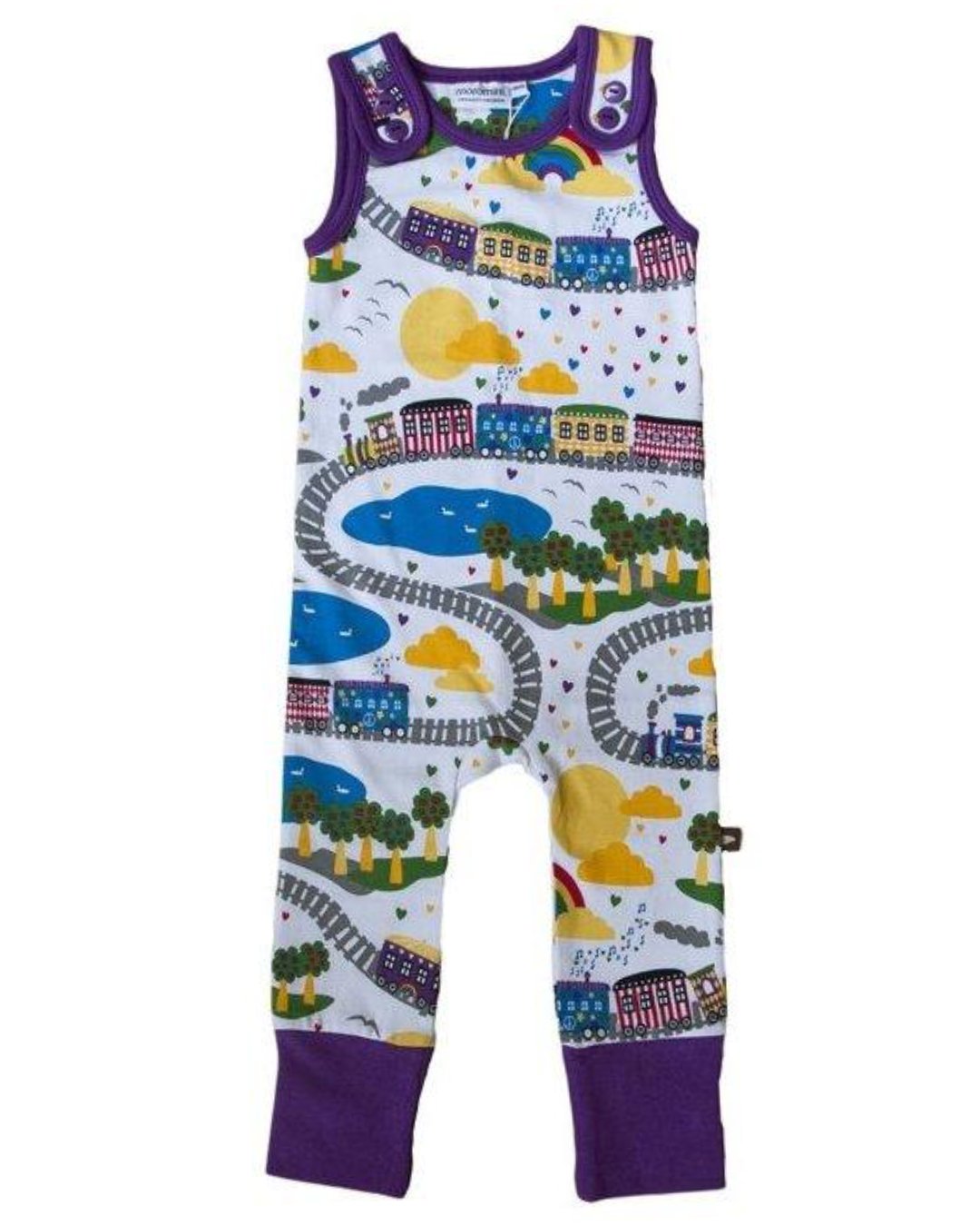 babystrampler in weiß und lila abgesetzten abschlüssen mit peace train und landschaft von moromini bei juicyfashion