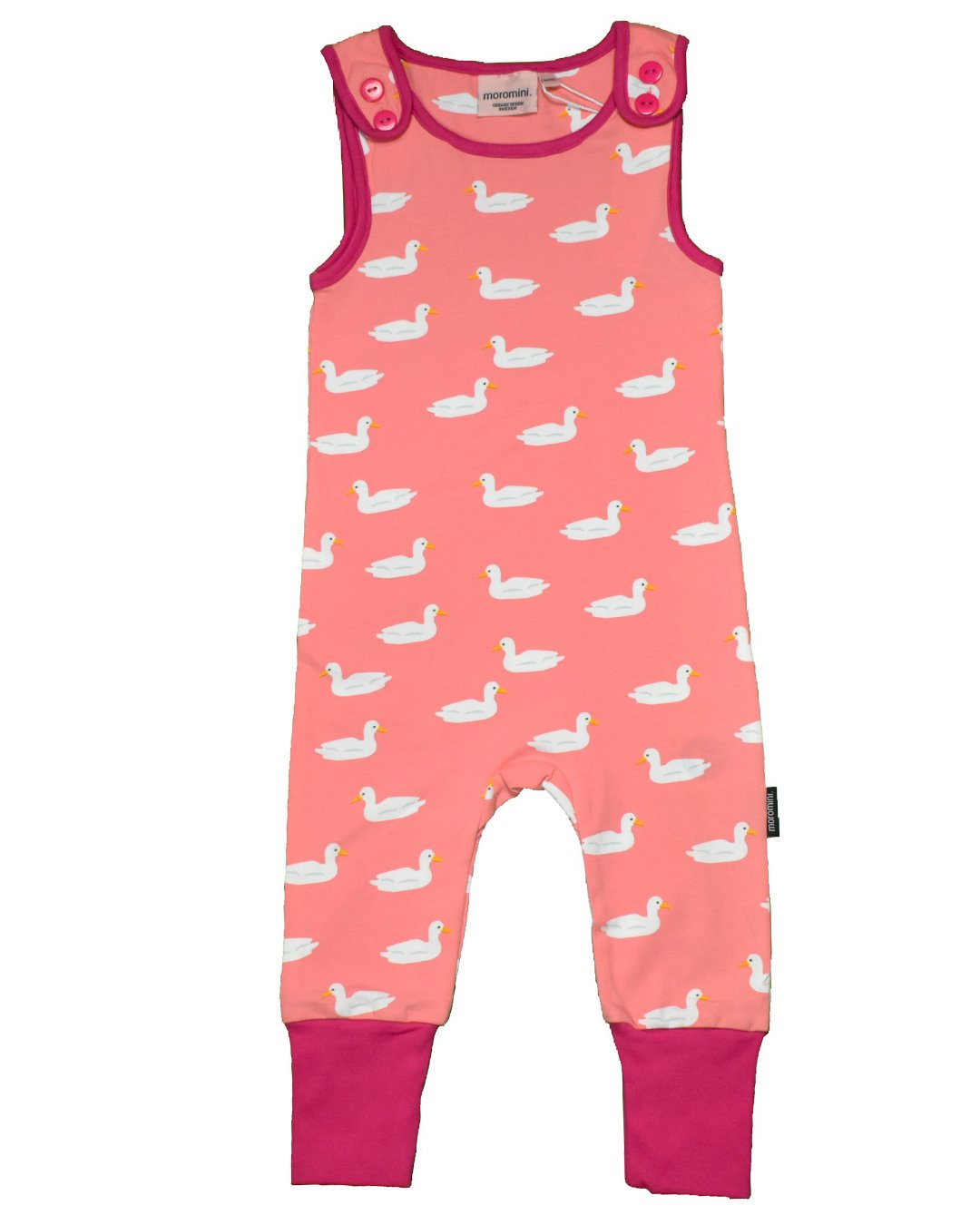 babystrampler in rosa aus biobaumwolle mit weißen enten von moromini bei juicyfashion
