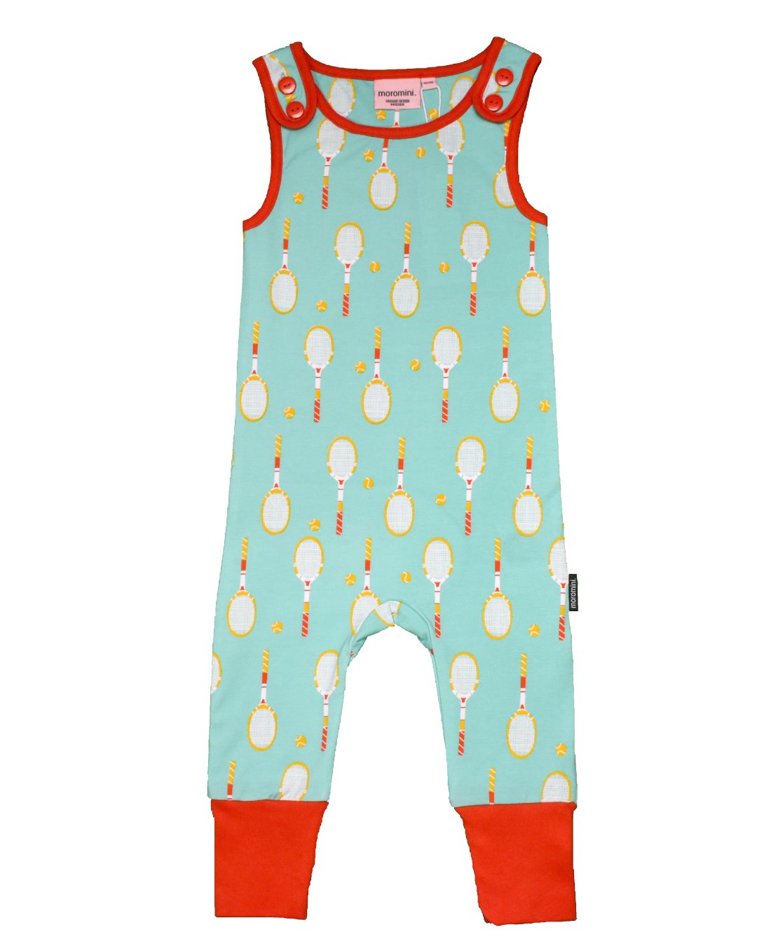 hellblauer babystrampler mit tennisschlägern von moromini aus biobaumwolle bei juicyfashion