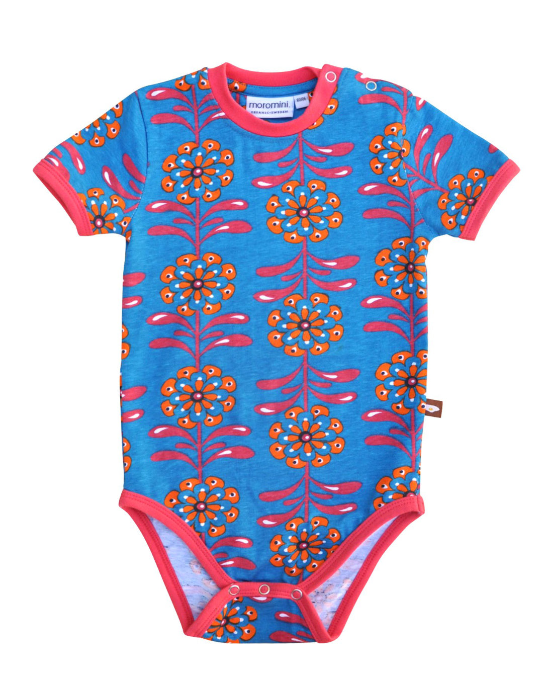 Blauer kurzer Babybody aus Biobaumwolle mit neon pink BLUMEN von moromini