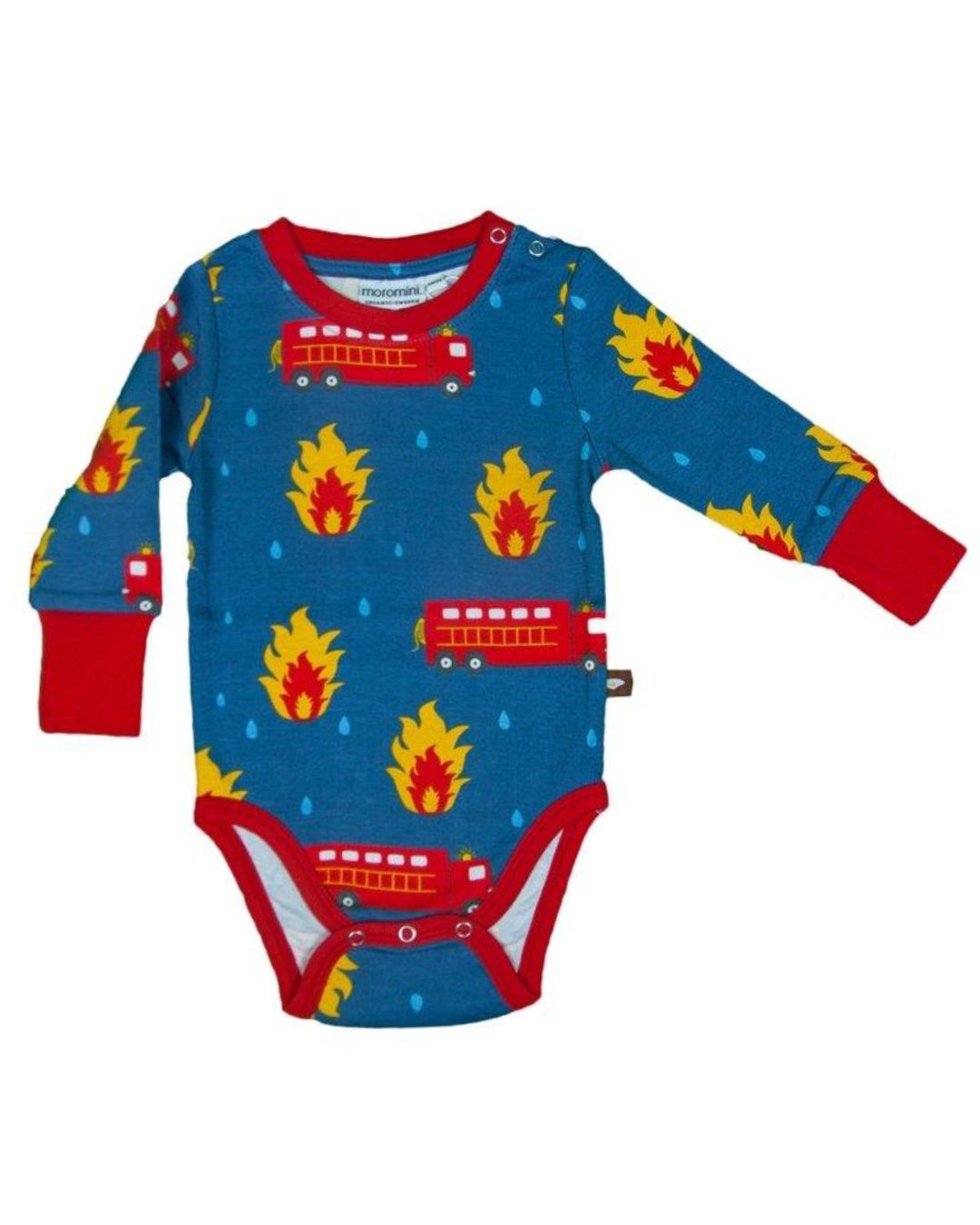 Blauer langarm Body mit Feuerwehr und Löschwasser von moromini aus Biobaumwolle