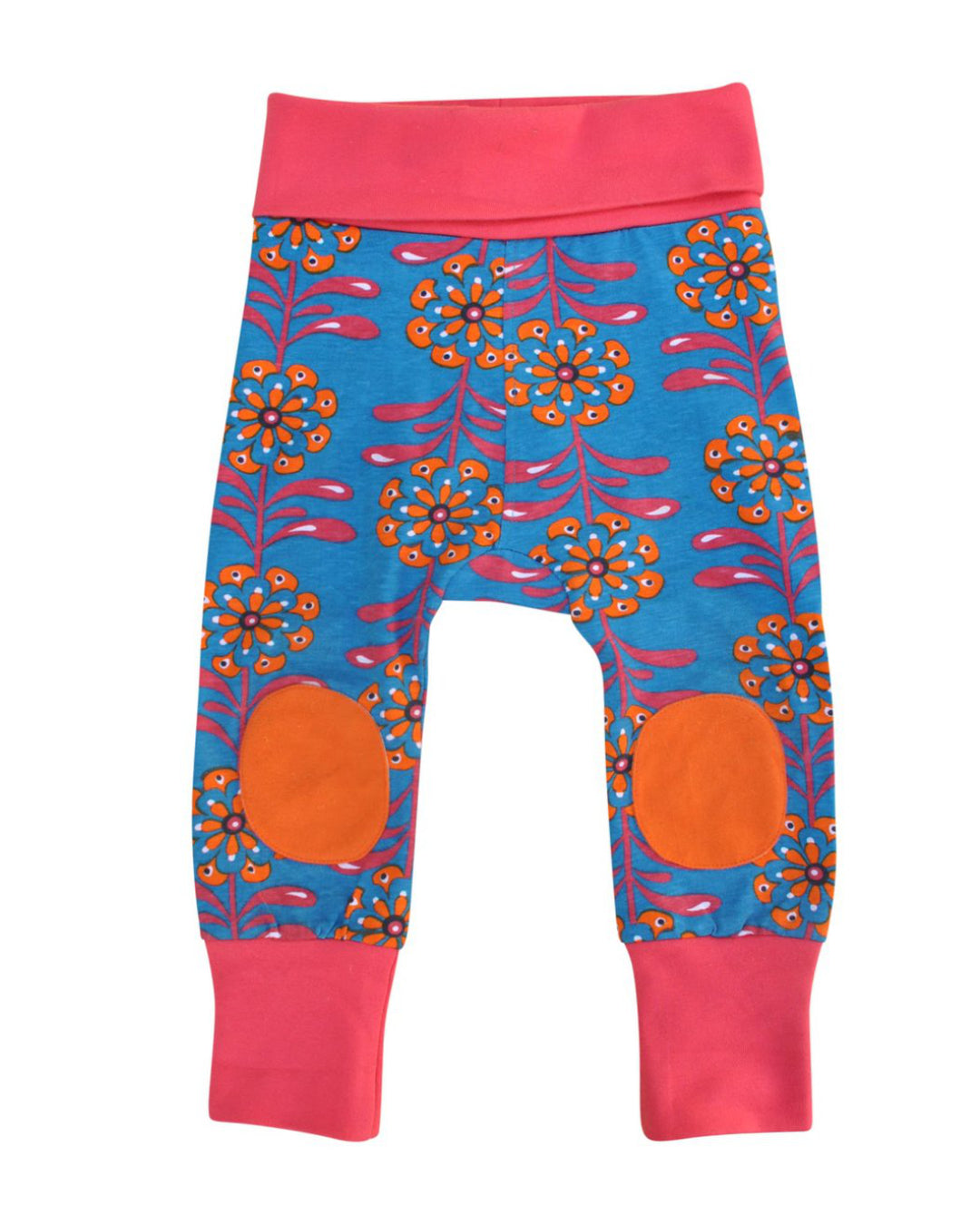Blaue Babyhose mit Bündchen in Pink und orange Blumenornamenten aus Biobaumwolle von moromini