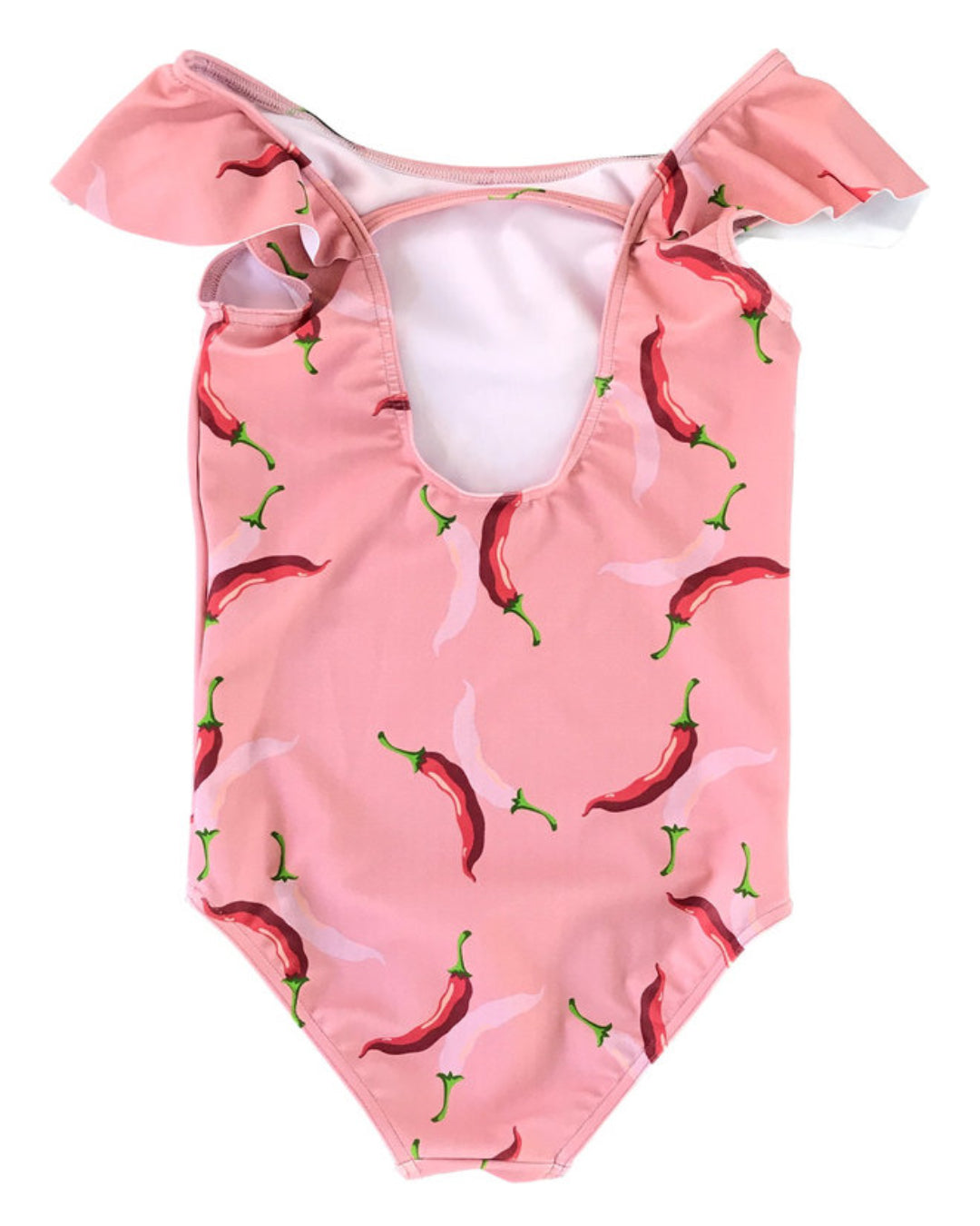 Rosa Badeanzug mit Peperoni Print und breitem Volant am Halsausschnitt