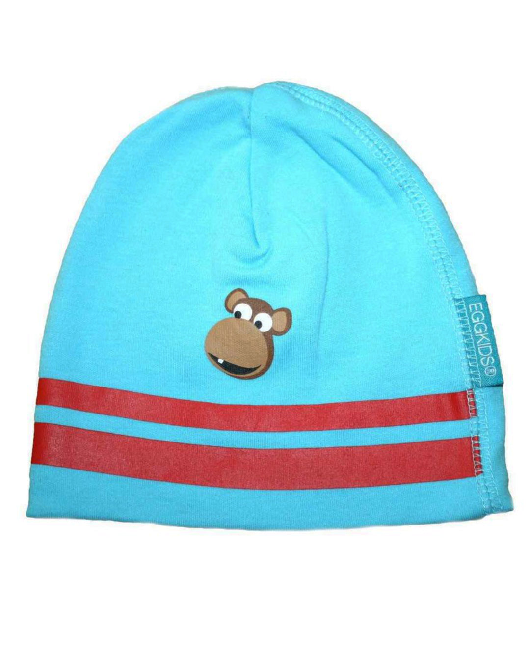 Babymütze in hellblau mit zwei roten Streifen und kleinen, lustigen Affenkopf innbraun