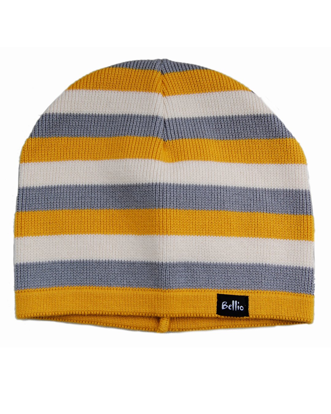 Strickmütze für Kinder aus Bio Baumwolle in den Farben gelb, weiß, grau gestreift