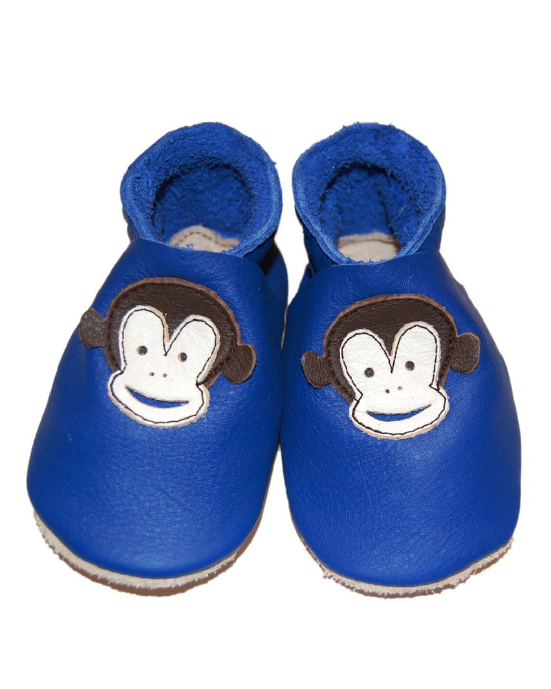 Blaue Krabbelschuhe mit Affen aus Bioleder