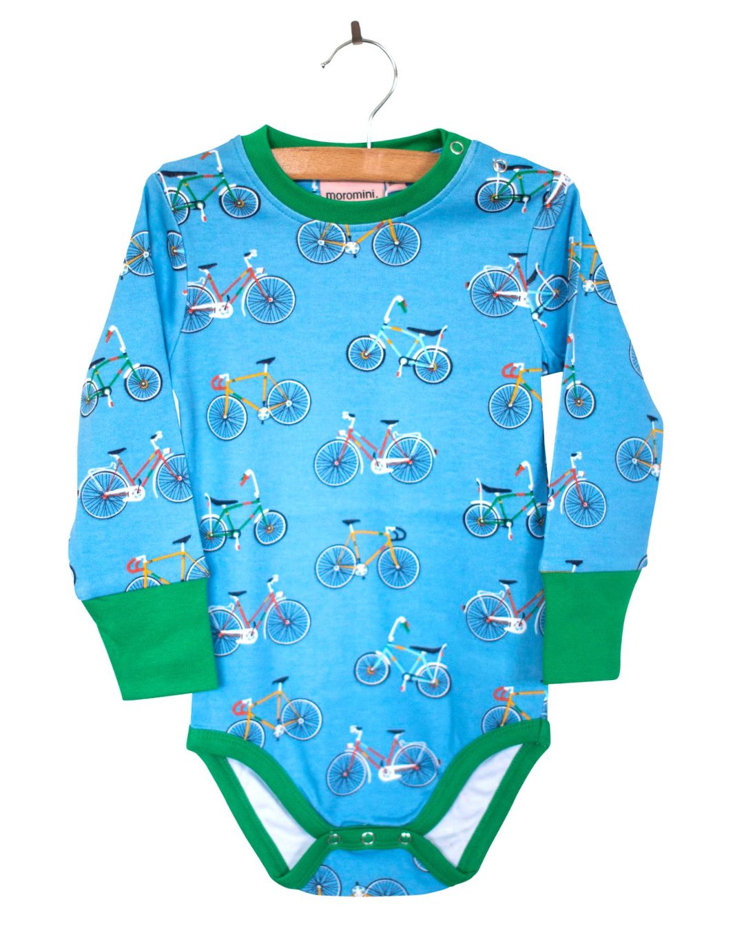 Babybody BIKE LIKE A SWEDE in blau mit Fahrrädern aus Biobaumwolle von moromini