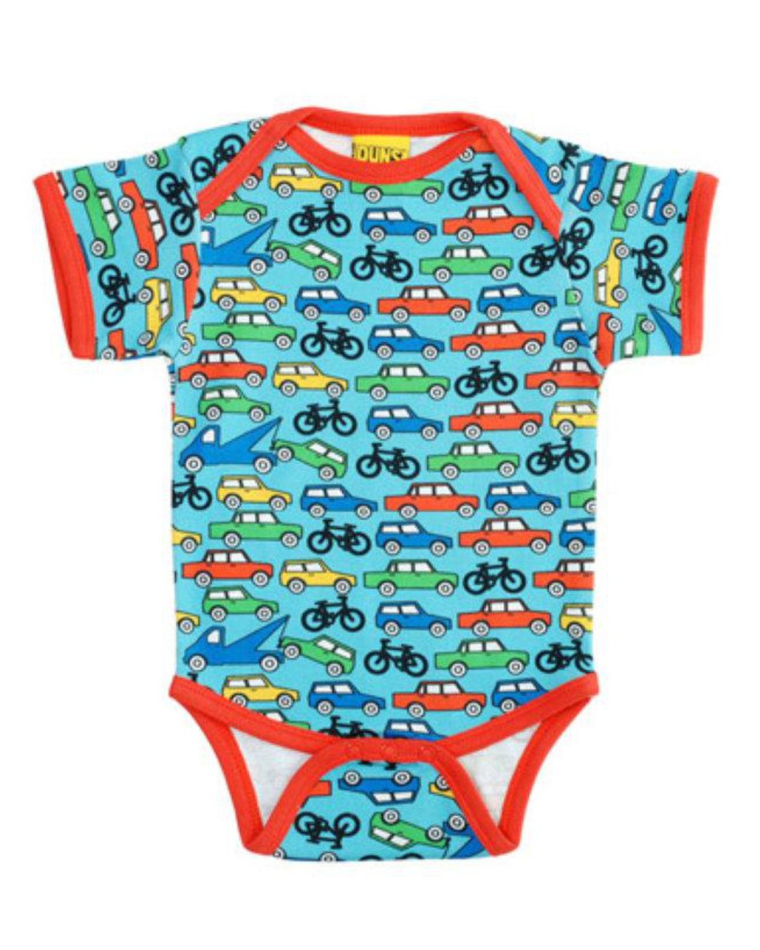 Blauer Kurzarm Body mit bunten Autos aus Biobaumwolle von DUNS Sweden