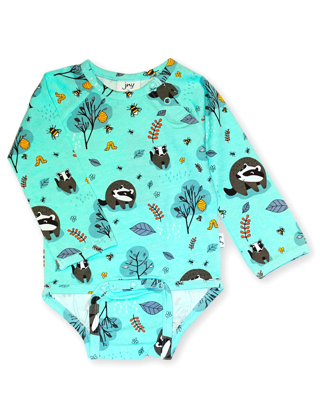 Blauer Babybody mit Dachs und Bäumen aus Biobaumwolle von jny