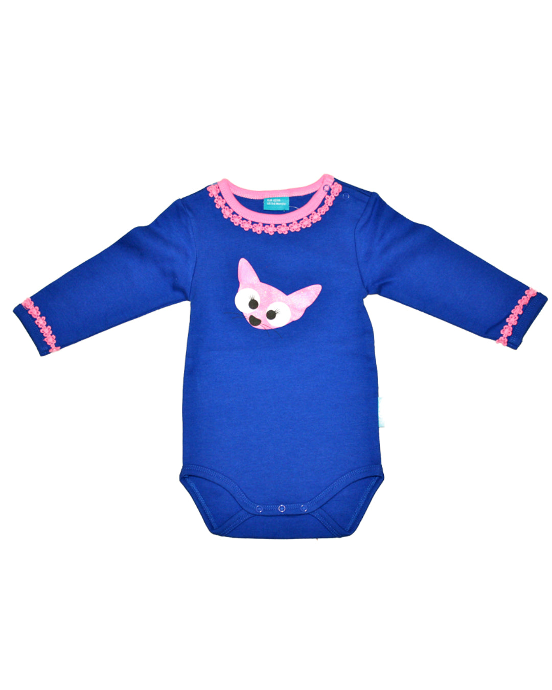 Dunkelblauer Babybody mit rosa Spitze und rosa Fuchsmädchen