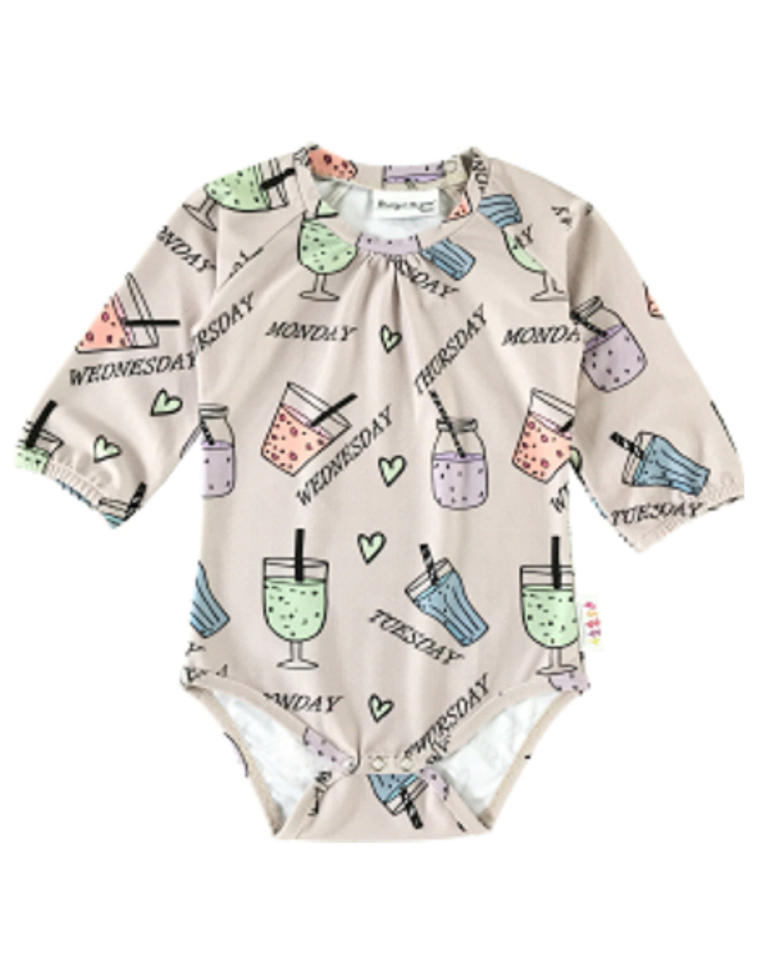 Babybody mit Wochentagen und Smoothie in verschiedenen Gläsern