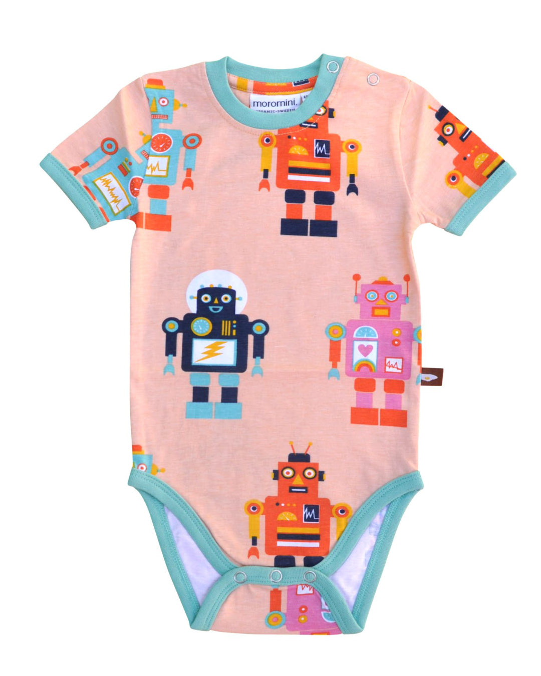 Kurzer Babybody in Apricot mit dunkelblauen und pinken Robotern aus Biobaumwolle von moromini