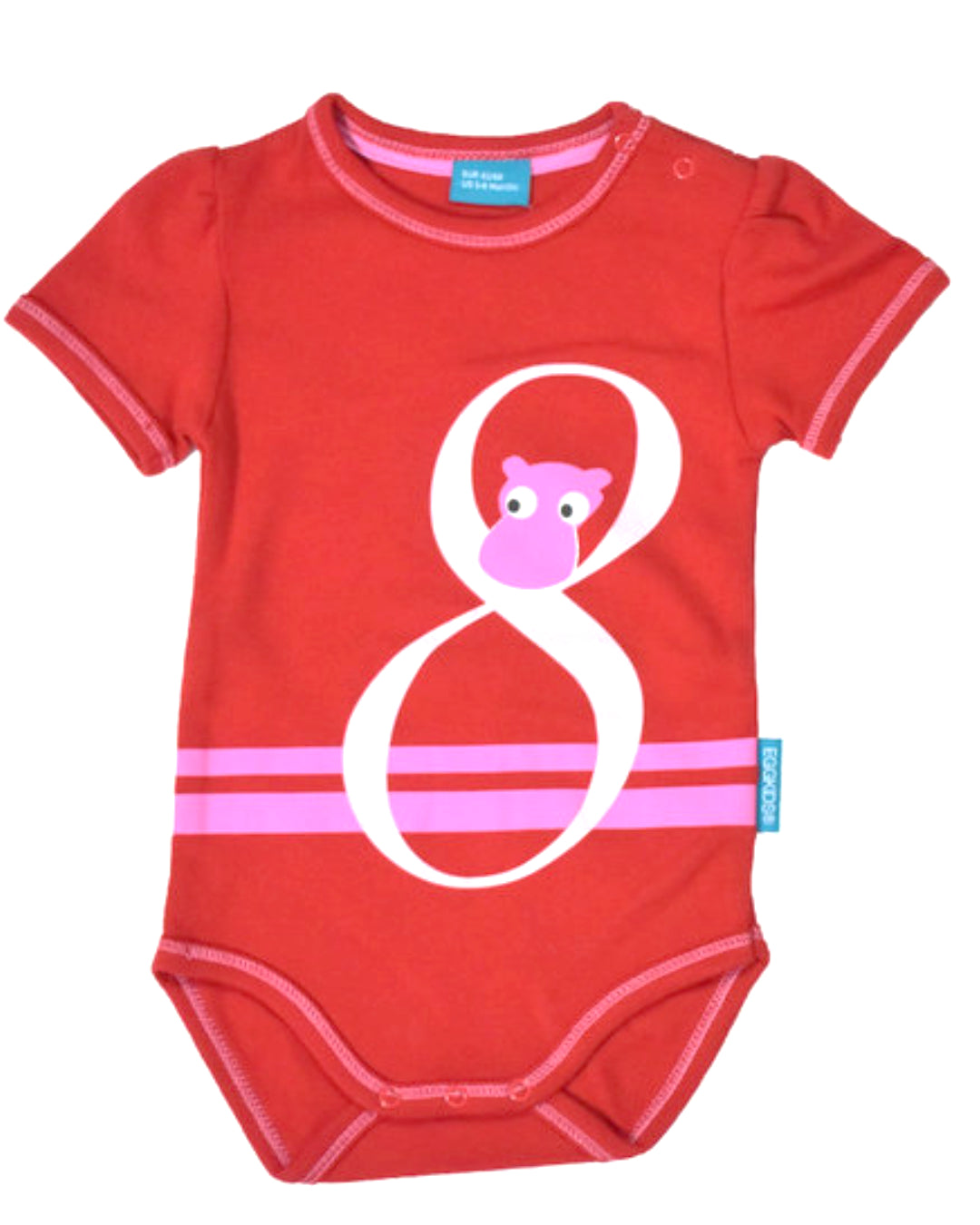 Roter Babybody mit kurzen Ärmeln und 8 mit Nilpferdkopf