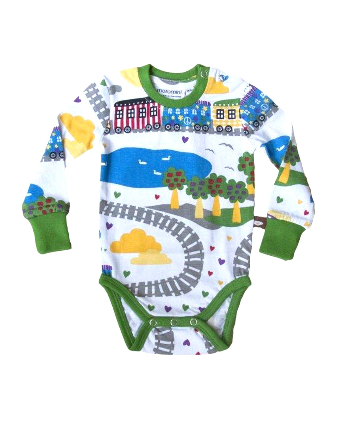 Babybody mit Eisenbahnschienen Landschaft und Eisenbahn aus Biobaumwolle von moromini