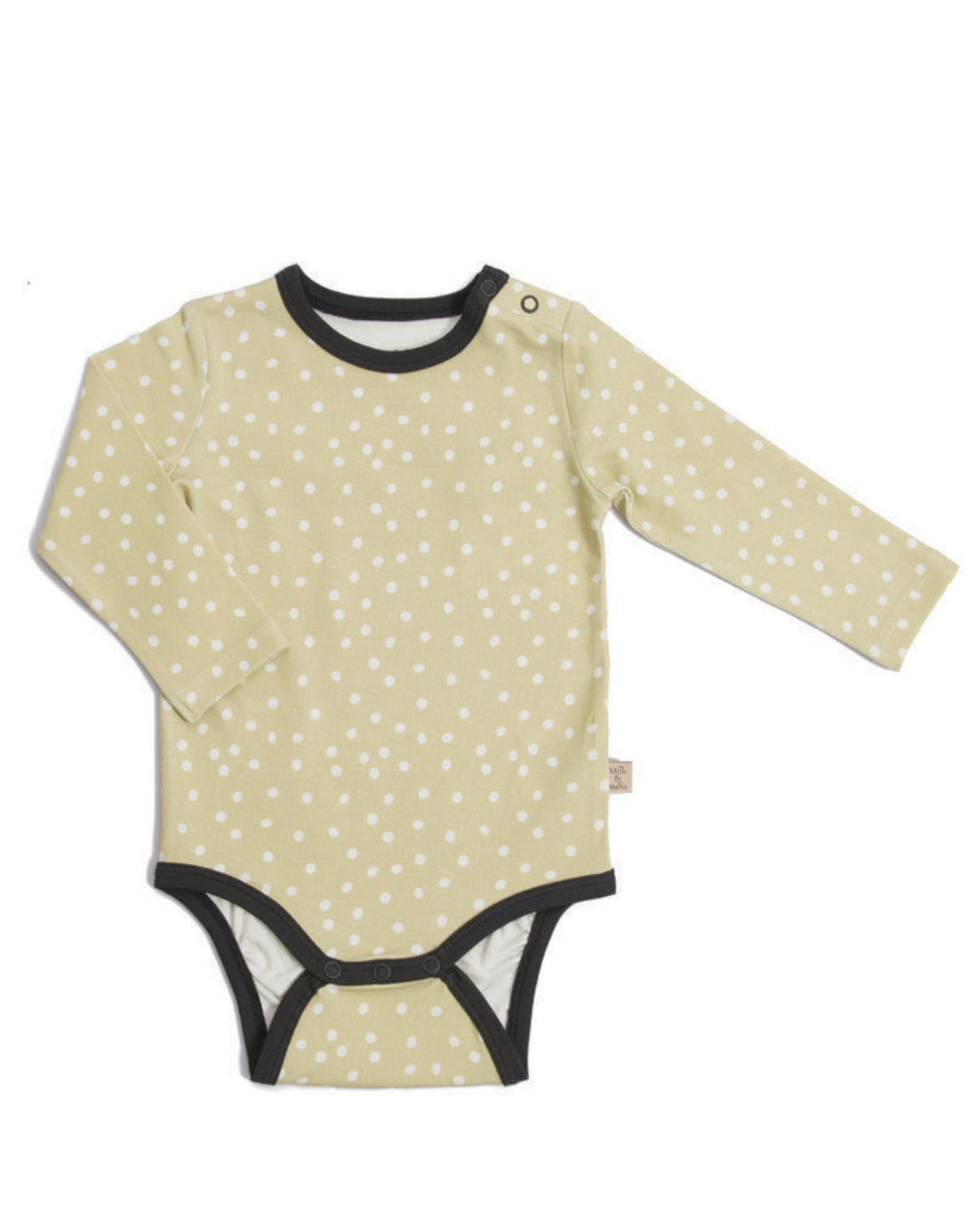 Babybody mit kleinen weißen Punkten und schwarzer Einfassung an Hals und Beinausschnitt aus Biobaumwolle