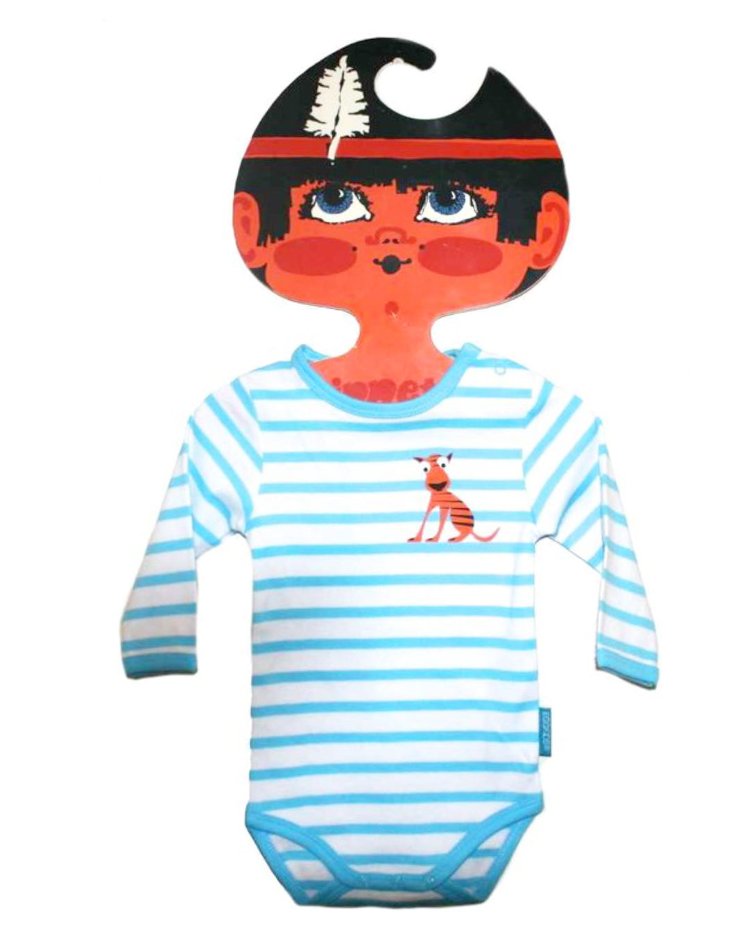 Langarm Babybody in Weiß mit hellblauen Streifen und Tiger in Orange