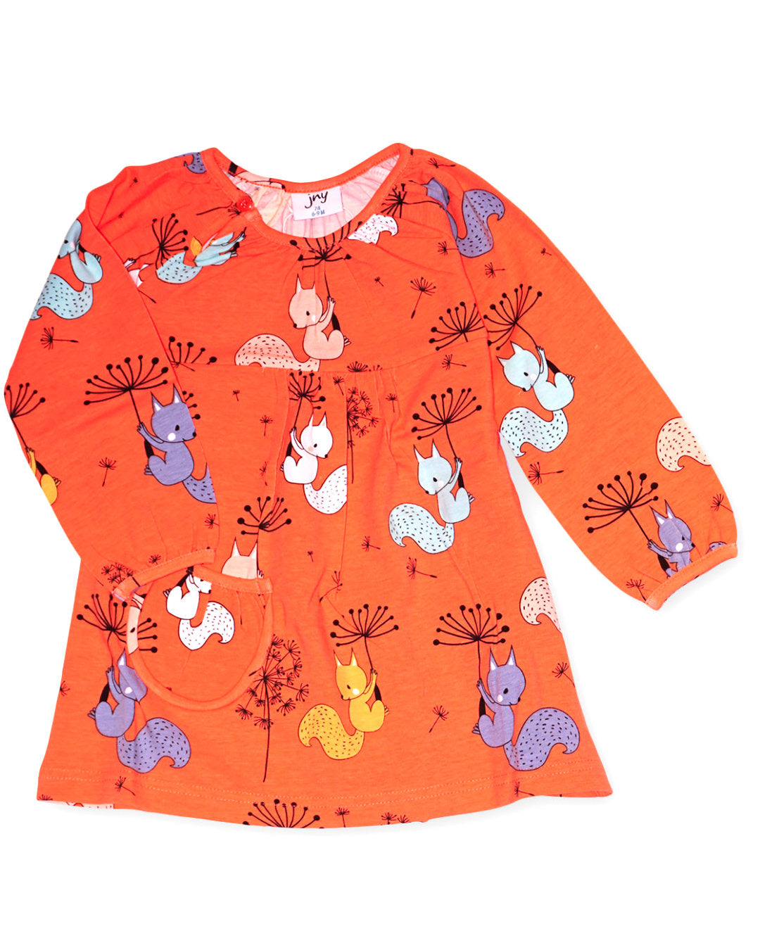 Oranges Kleid mit Eichhörnchen aus Biobaumwolle
