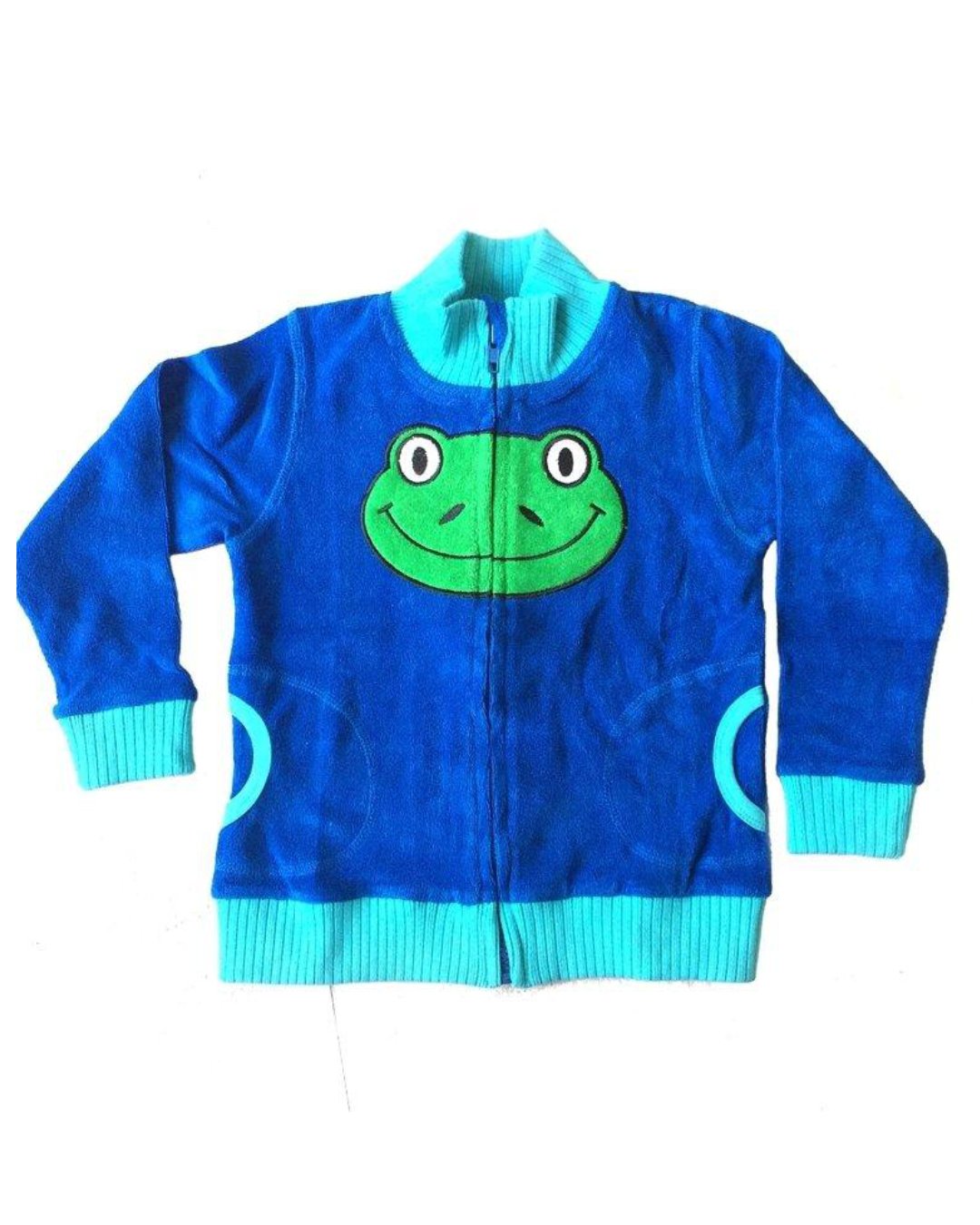blaue FrotteeJacke aus BioBaumwolle mit grünem Frosch von DUNS Swede