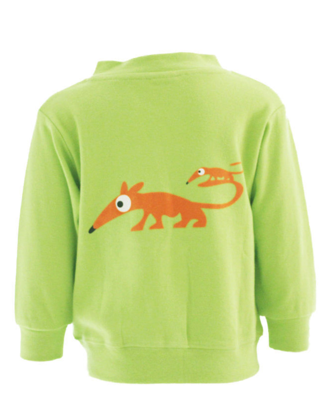 Grüne Jacke mit Reißverschluss und kleinem Dackel Anton in orange