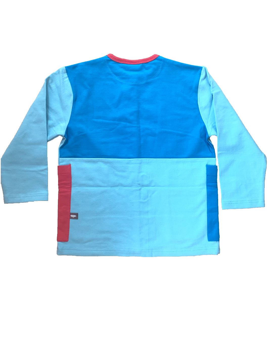 Hellblaue Jacke mit Druckknöpfen und aufgesetzten Taschen in blau und rot für Kinder aus Biobaumwolle von moromini