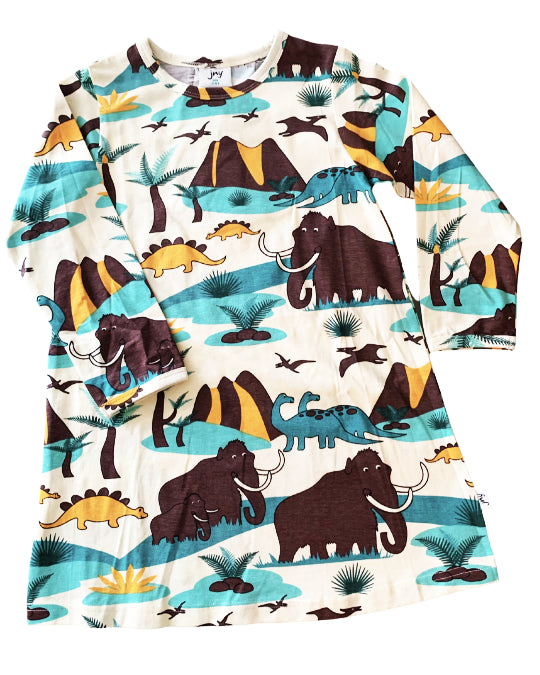 Kleid DINO World mit Mammut und Saaurier Print aus Biobaumwolle