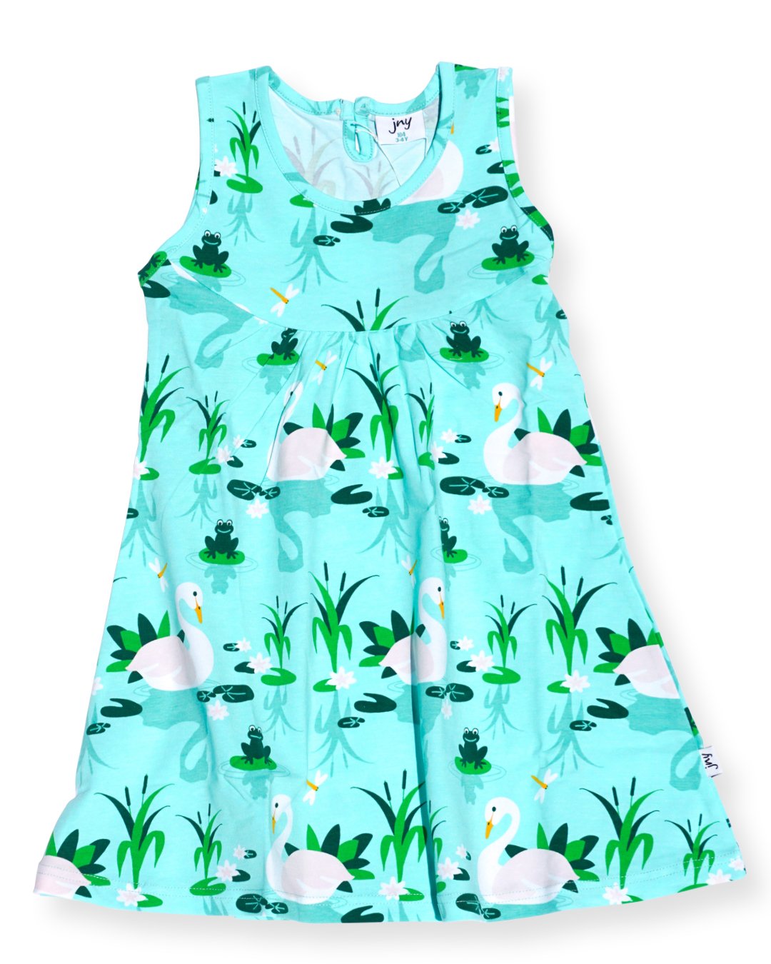 Blaues Sommerkleid von jny mit Schwänen aus Biobaumwolle