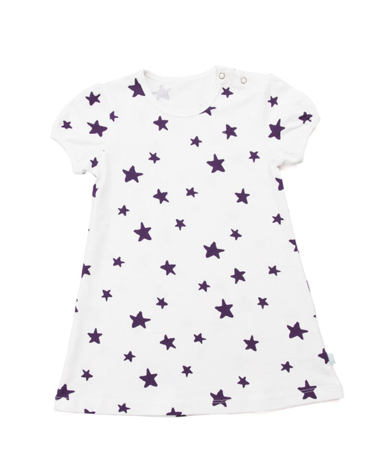 Weißes Kleid mit lila Sternen aus Biobaumwolle für Kinder