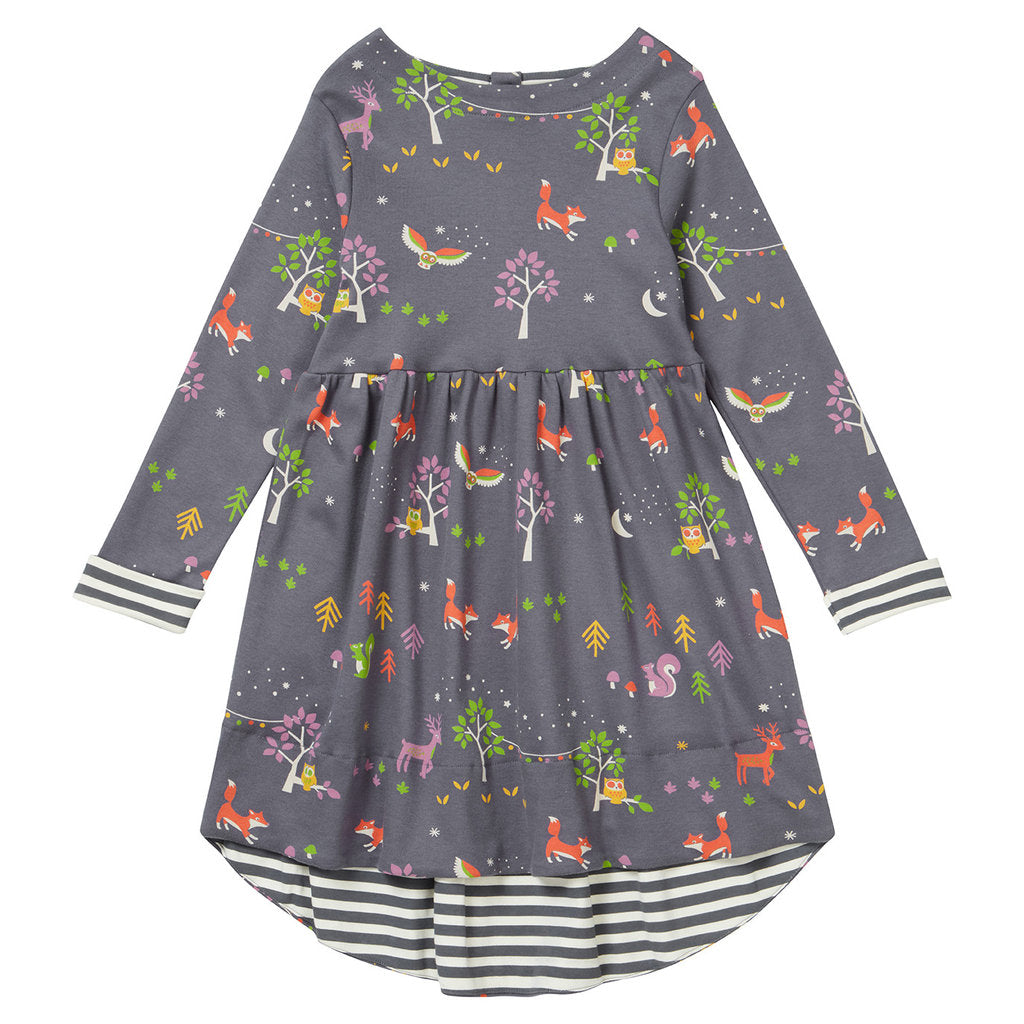 graues Mädchenkleid mit Waldtieren aus Biobaumwolle