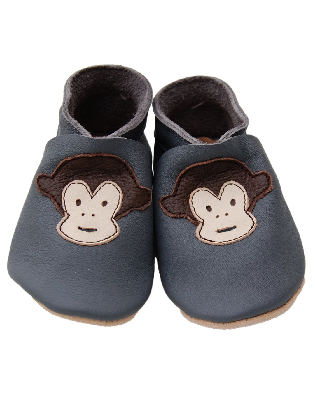 Graue Lederpuschen für Kinder mit Affe-Applikation aus Bioleder