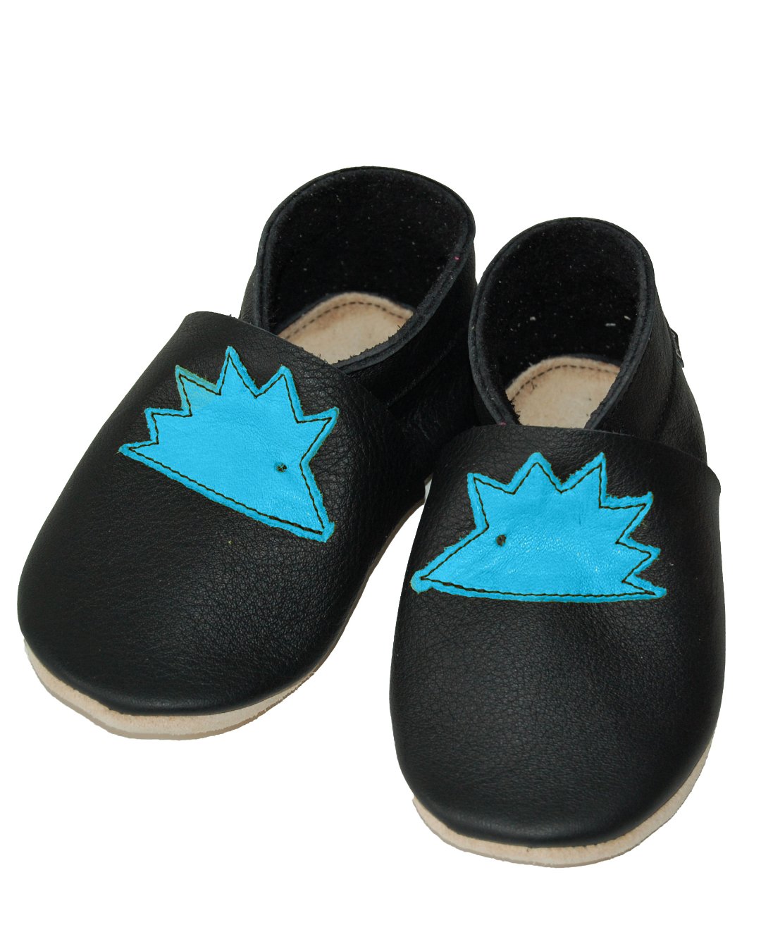 Dunkle Krabbelschuhe mit blauem Igel aus Bioleder