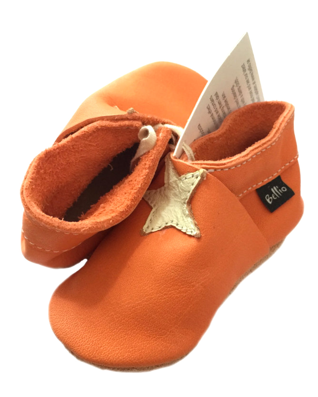 Orange Krabbelschuhe mit weißem Stern aus Bioleder