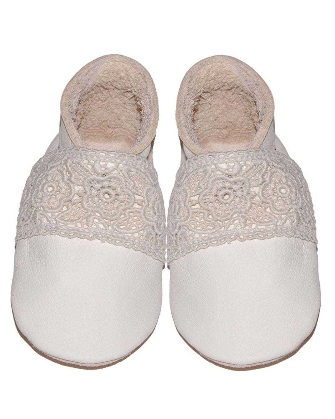 Wollweiße Krabbelschuhe aus Bioleder mit Baumwollspitze
