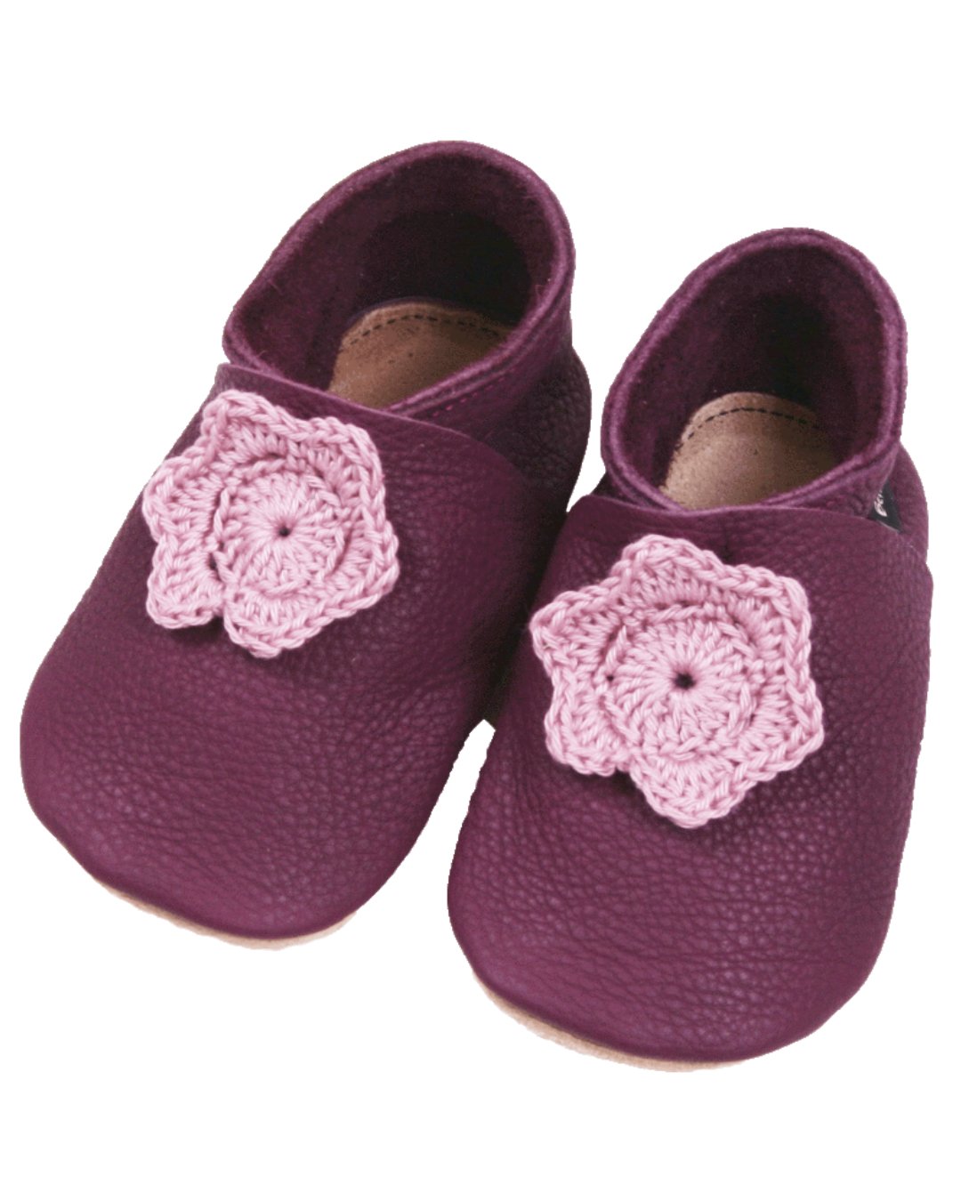 Krabbelschuhe in Plum mit lila Häkelblume