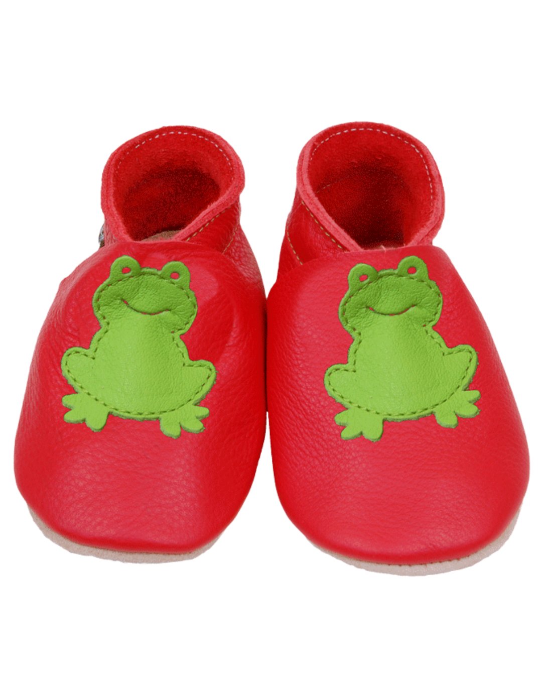 Rote Krabbelschuhe aus Bioleder mit grünem Frosch