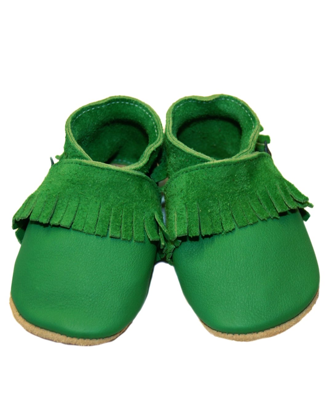 Grüne Lederpuschen aus Bioleder mit Fransen