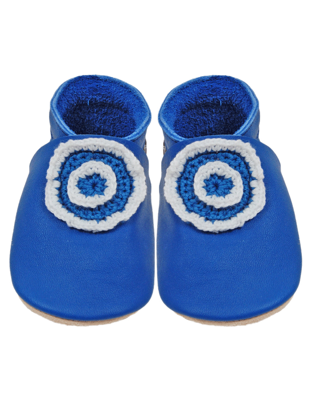 Blaue Bioleder Krabbelschuhe mit gehäkelter Blume
