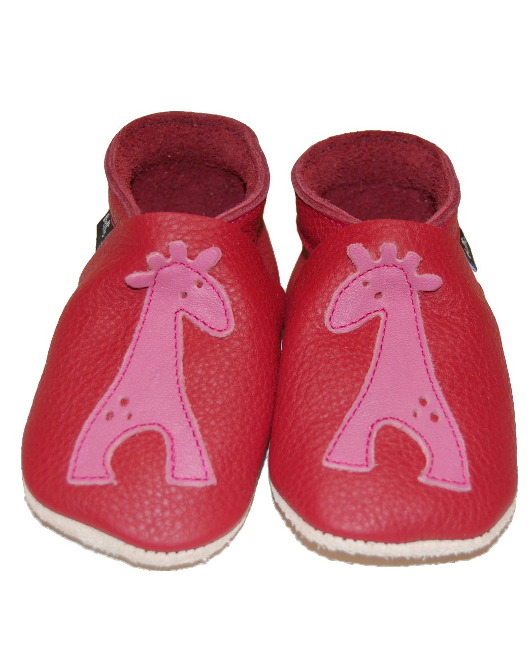 Rote Lederpuschen mit pink Giraffen aus Bioleder