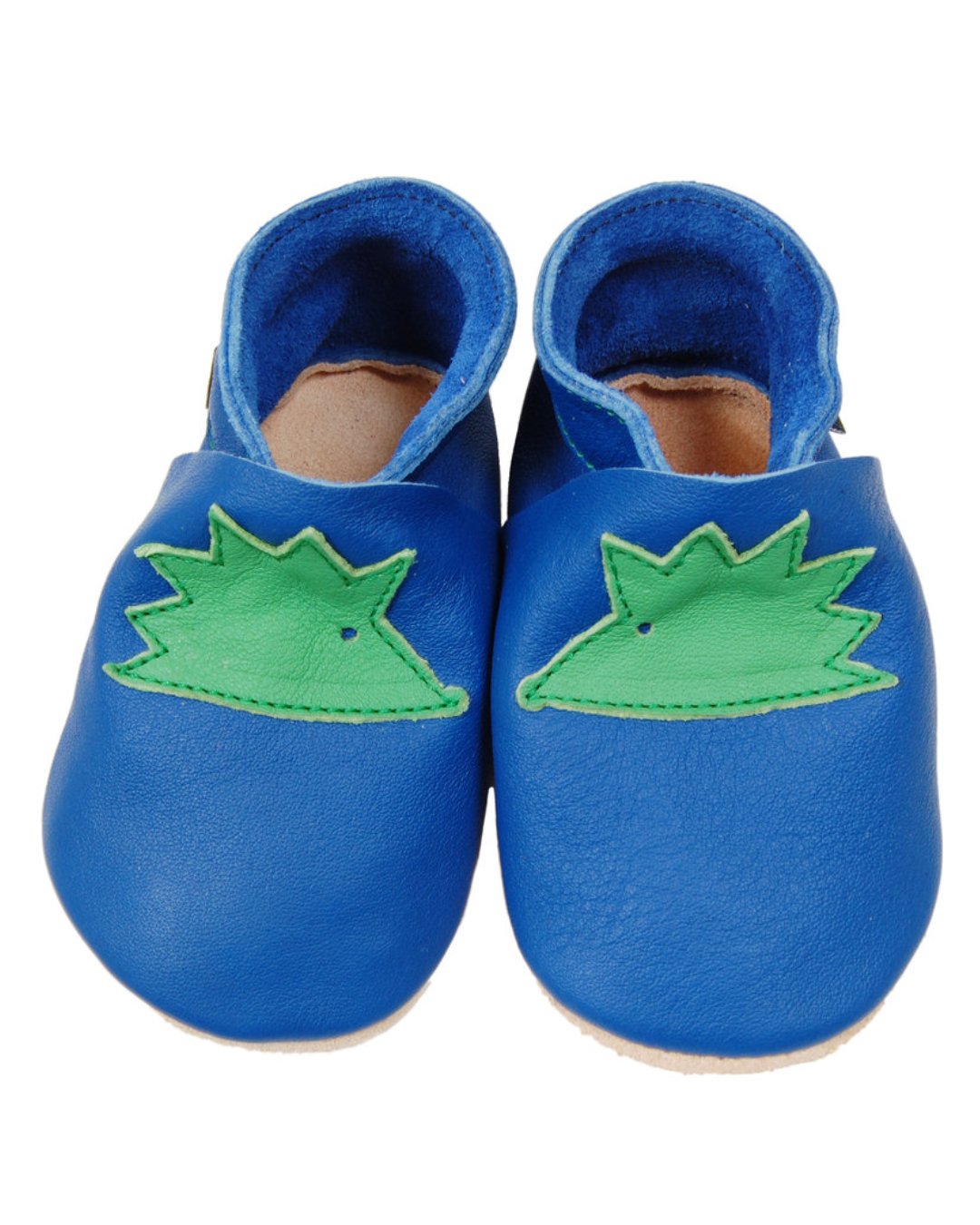 blaue Krabbelschuhe aus Bioleder mit grünem Igel