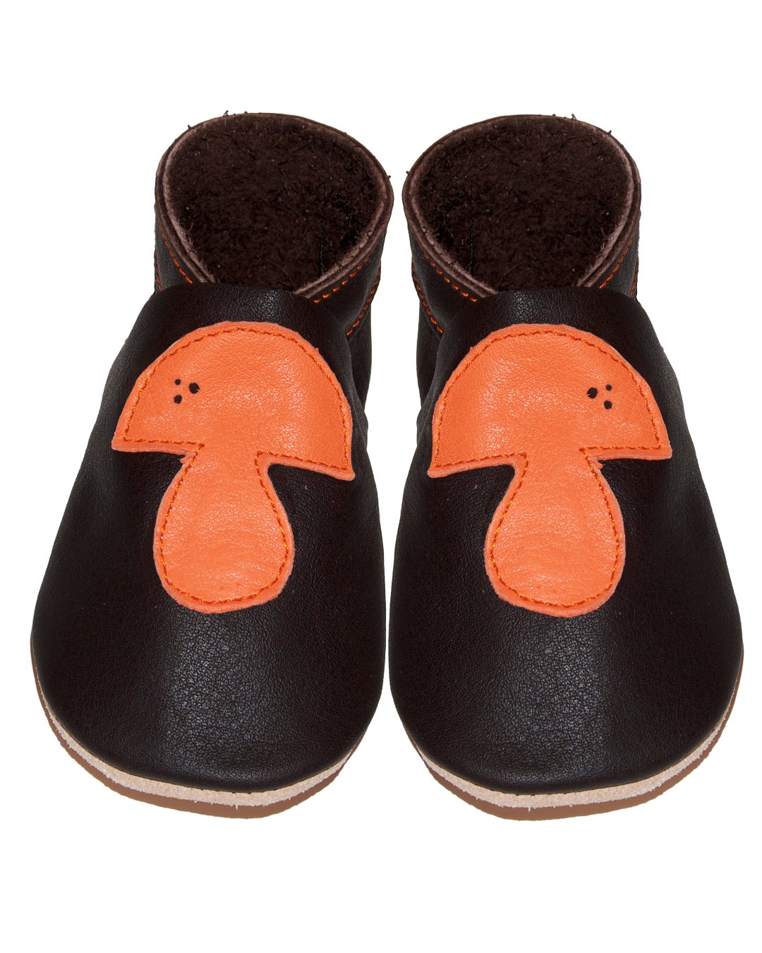 Krabbelschuhe in braun aus Bioleder mit orangenem Pilz