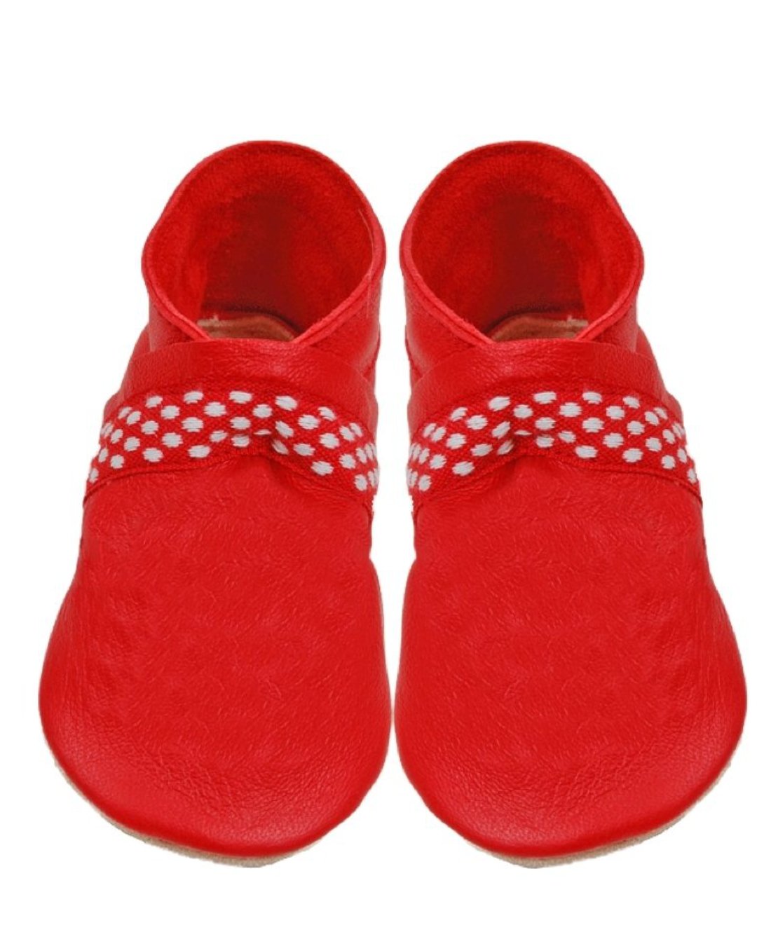 Rote Krabbelschuhe aus Bioleder mit weißem Punktestreifen