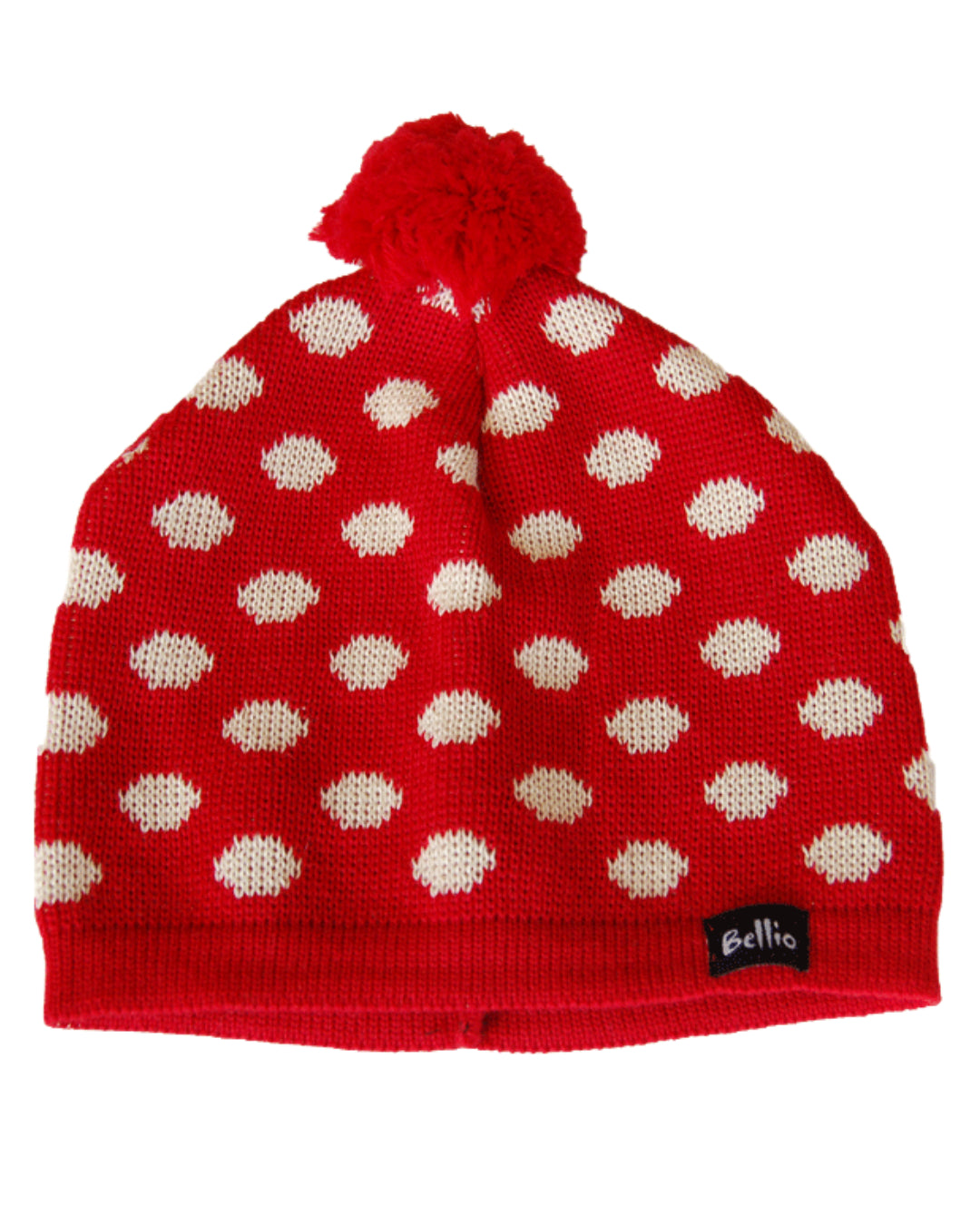 Rote Wollmütze mit Bommel und weißen Punkten für Kinder aus Biowolle