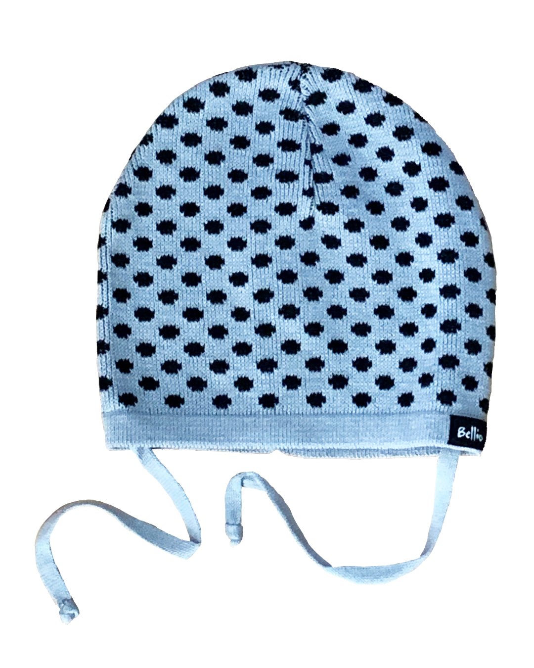 Babystrickmütze in grau mit schwarzen Punkten aus BioBaumwolle