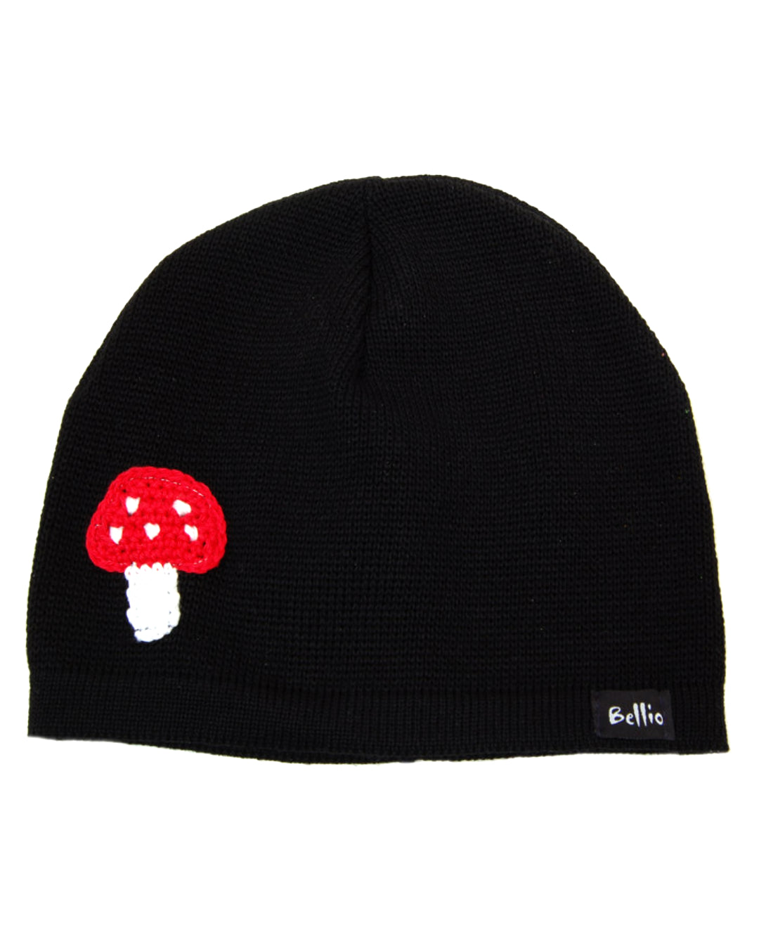 Schwarze Strickmütze mit kleinem Fliegenpilz
